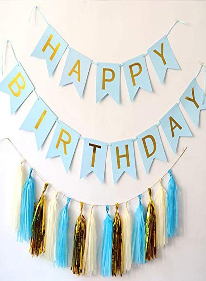 AMFIN® Happy Birthday Banners with Blue Gold and White Tassel Perfect for Birthday Decoration Materials - Blue - Image 1